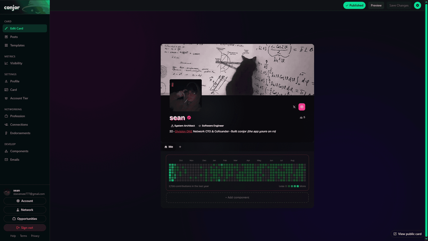 The conjor card editor, with a published card open
